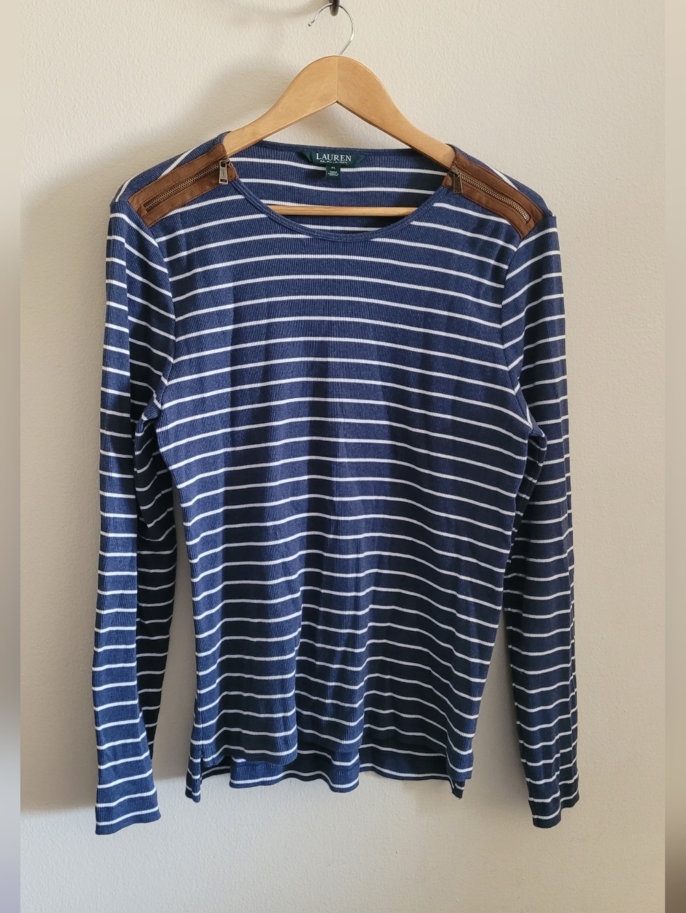 Ralph Lauren Ribbed Cotton Suede Trimmed Top, Women's XL, Blue & White Striped
